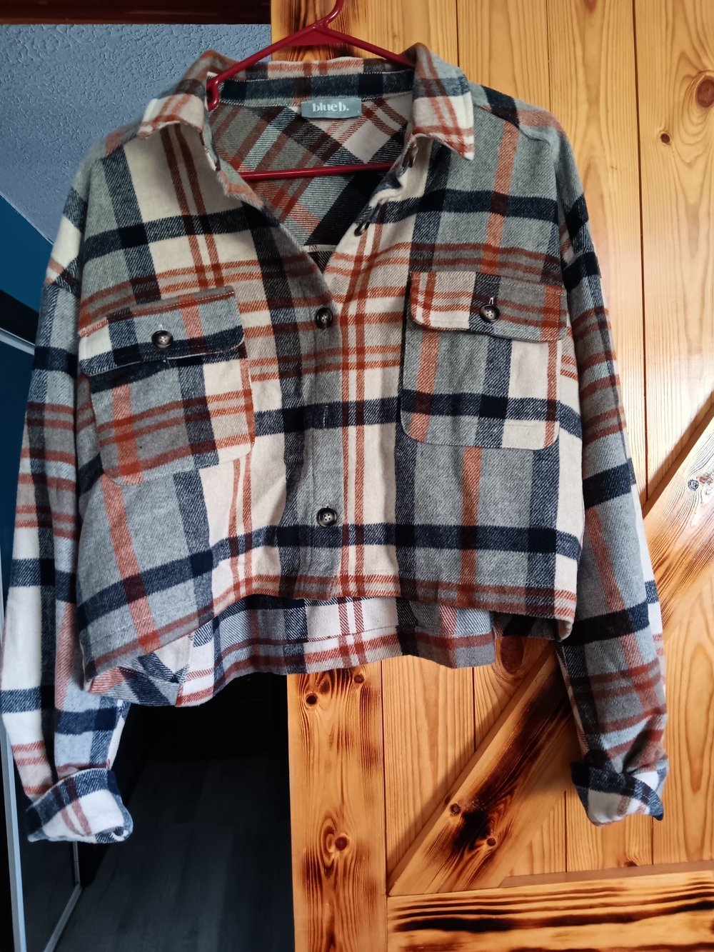 Plaid Teddy Shacket in Cream, Navy & Rust - blub.